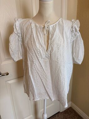 Karlie White Eyelet Tie-Front Ruffle Sleeve Blouse